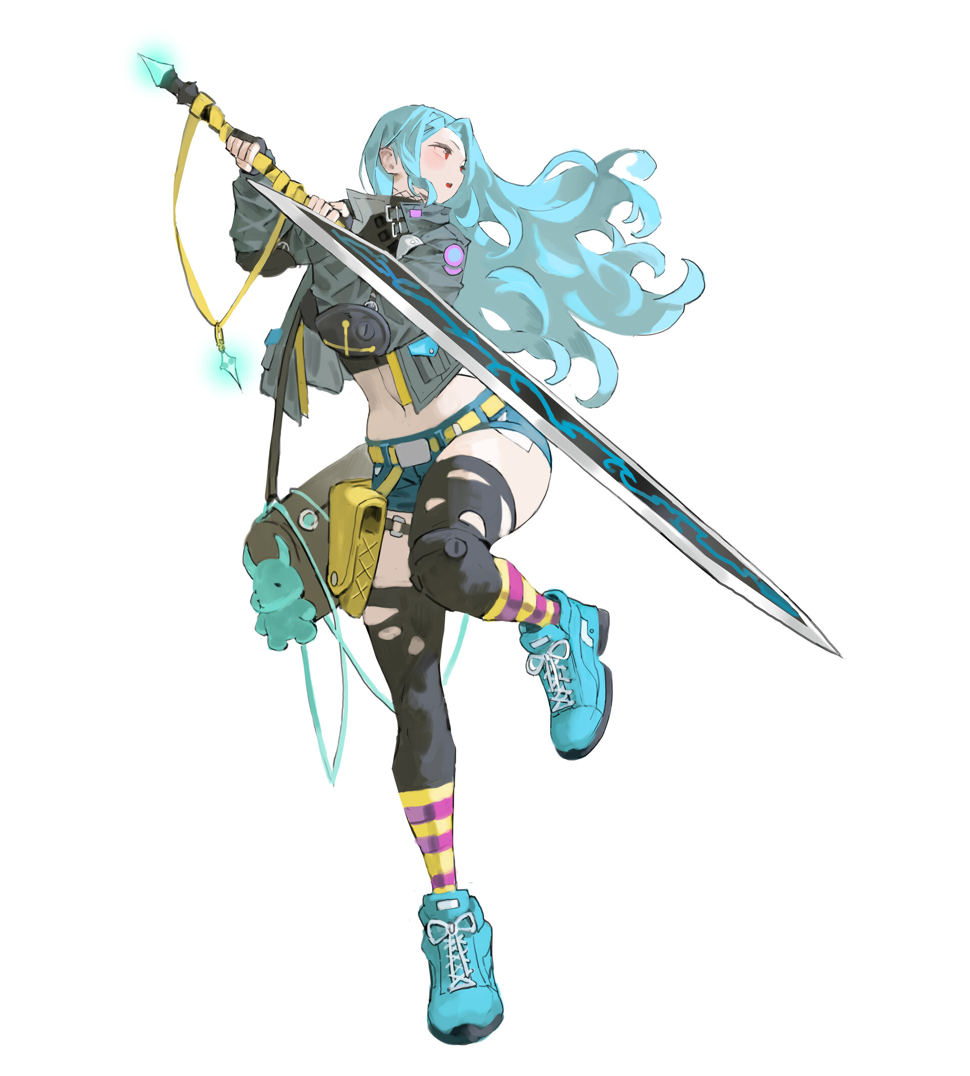 a full body shot of a girl with long cyan hair, holding a sword in a modern fantasy style. she is wearing a jacket, shorts, thigh high socks, and sneakers. she has a bunny plushie and a pouch on her leg. she is standing in a posed position, slightly floating off the ground.