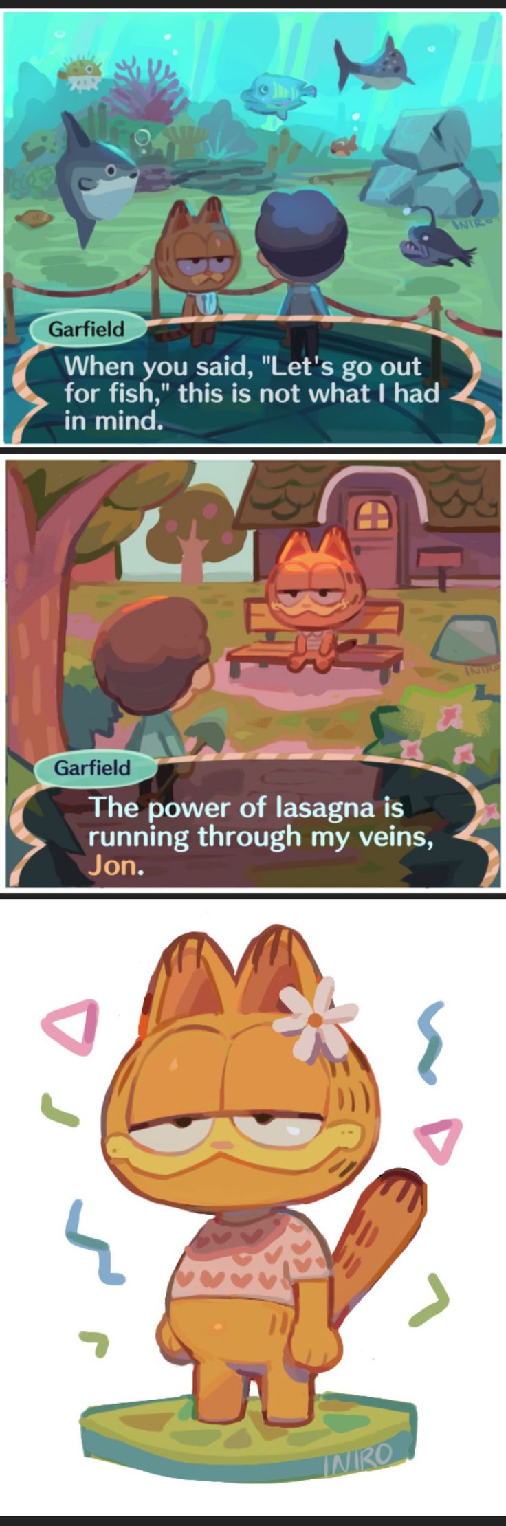he image is a threepanel comic featuring garfield in an animal crossing style. the first panel shows garfield and jon at an aquarium, with garfield expressing his disappointment at the "fishing" trip. the second panel shows garfield at home, emphasizing his craving for lasagna. the third panel presents a cute, stylized garfield in animal crossing attire, with a flower in his hair. the overall tone is humorous, playing on garfield's love for lasagna and aversion to anything other than his preferred food.  the art style is digitally created and vibrant.