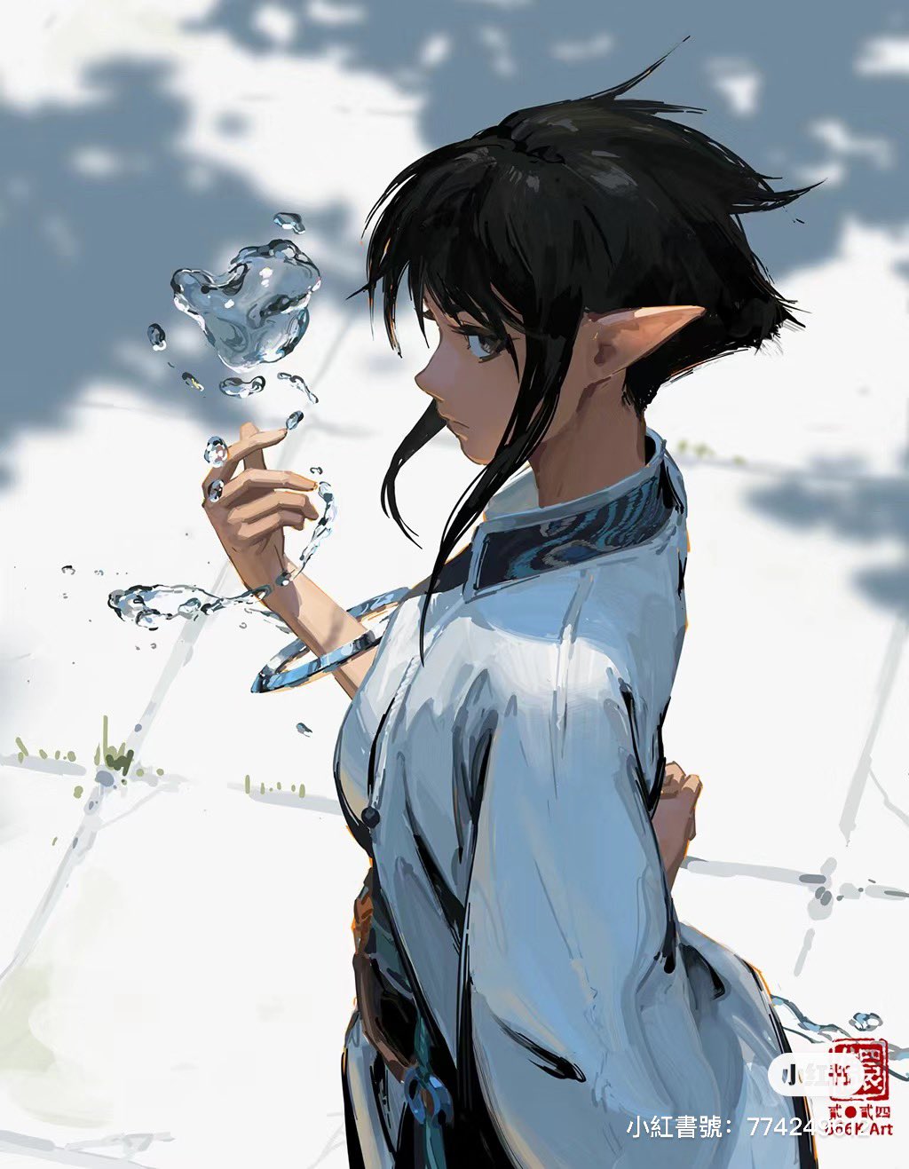 the image is a digital painting of an animestyle girl with elf ears. she has long, dark hair and is wearing a light blue, flowing robe. she is holding her hand out, and water is flowing from it, forming bubbles and droplets. the background is white with shadows suggesting sunlight. the art style is painterly and loose, with visible brush strokes. the overall mood is serene and peaceful. a watermark in the bottom right corner indicates the artist's name and contact information.