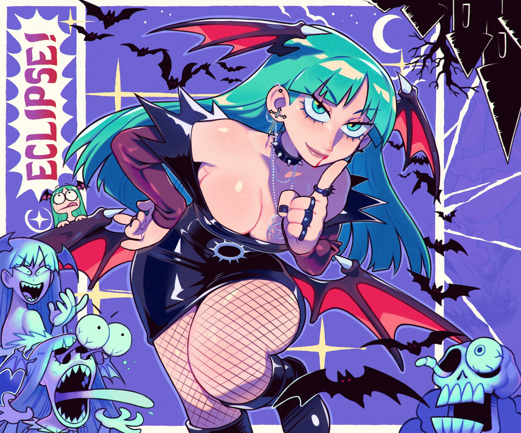 a digital illustration of a cute anime girl with green hair dressed in a black gothic dress and red wings. she has a spooky expression and is holding up one finger. she is surrounded by bats and other spooky imagery. the background is a purple and black color scheme, adding to the eerie vibe of the image.  the girl is in the center of the image, and her expression is a mix of innocence and danger.  overall, it's a fun and playful illustration with a touch of spookiness.