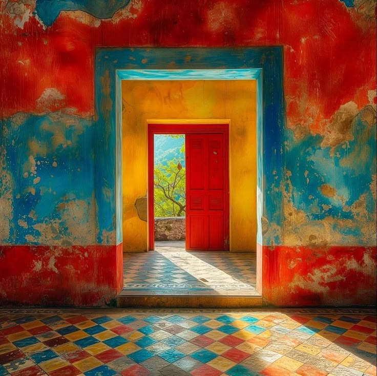 the image shows a colorful hallway with checkered tiles leading to an open red door. the walls are painted in vibrant shades of red, blue, and yellow, with a weathered texture. beyond the door is a glimpse of nature.