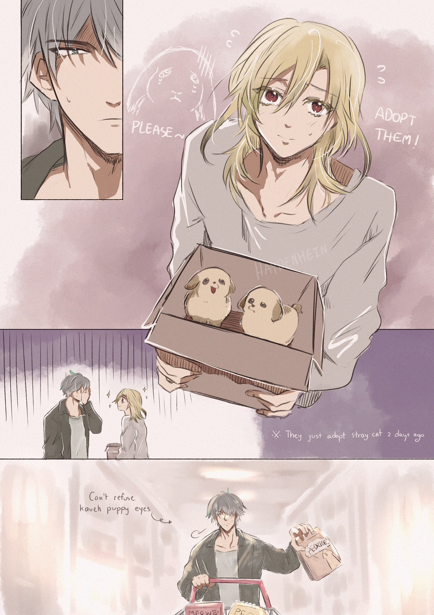 the image is a mangastyle illustration of two friends, one male and one female, holding a box of puppies. they are smiling happily and look very excited to be adopting the puppies. the image is drawn in a cute and adorable style, with soft colors and rounded lines. the text in the image suggests that the friends have recently adopted a stray cat, and that they are now looking to expand their family with a new puppy.