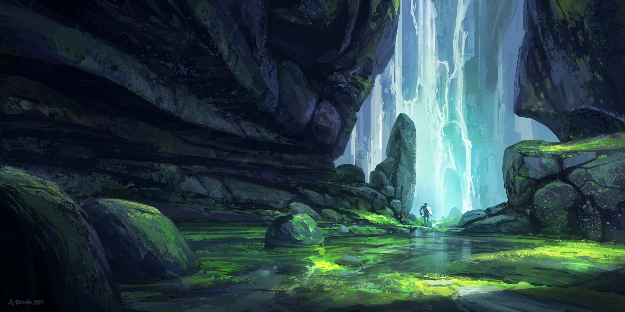 a lone explorer stands at the edge of a pool of glowing green water inside a dark cave.  the water appears to be fed by a large waterfall cascading down a rock wall at the back of the cave. the cave walls and rocks surrounding the pool are dark and covered in moss, creating a sense of mystery and wonder.