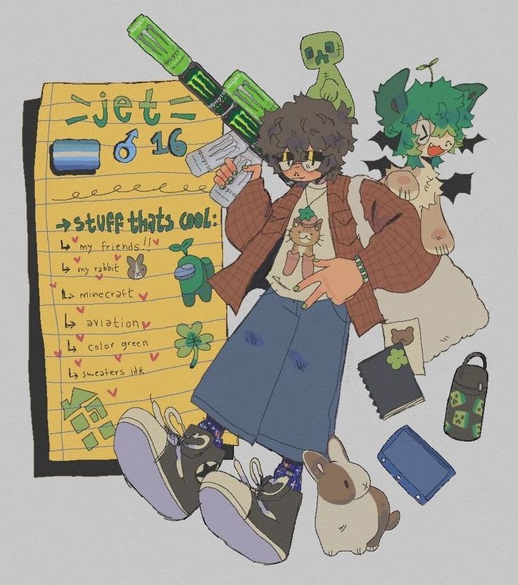 the image is a colorful digital illustration of an animestyle character. the character is wearing a red and white plaid shirt, a white shirt with a green clover necklace, blue jeans with green and black accents, and black shoes with purple and black accents. he is holding a monster energy drink and has a green and black backpack. the character is surrounded by other elements, including: a green monster holding a white stuffed animal, a green and white rabbit, a black and green notebook, a blue game cartridge case, a brown and black rabbit, a blue and white drawing of a cat, and a green clover. the character is surrounded by a light yellow notebook with a green and black check list on it. the text on the checklist mentions things such as "friends, rabbit, minecraft, aviation, color green, sweaters".  the background is light grey. the image has a vibrant and playful aesthetic.