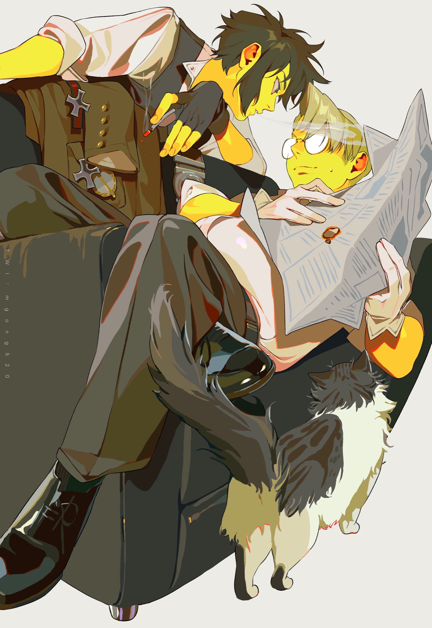 anime style drawing of two males on a couch. one is reading a newspaper and wearing glasses with a blonde hairstyle. the second is leaning on the first man, looking at him. the men have yellow skin. there is a cat on the ground at the bottom of the couch. one of the men has a doglike tail. both are wearing uniform clothes.