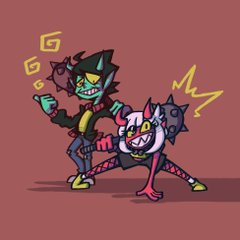 the image showcases two cartoon characters in dynamic action poses against a solid reddishbrown background. the first character, seemingly male, is greenskinned with black spiky hair and pointed ears. he wears a black jacket, a red shirt, blue jeans, and wields a spiked mace. the second character, seemingly female, is primarily white and pink with horns and sharp teeth. she sports a pink and black outfit and also wields a spiked mace. both characters have yellow lightningshaped markings around them, signifying movement and energy. the art style is cartoonish with exaggerated features and sharp lines.