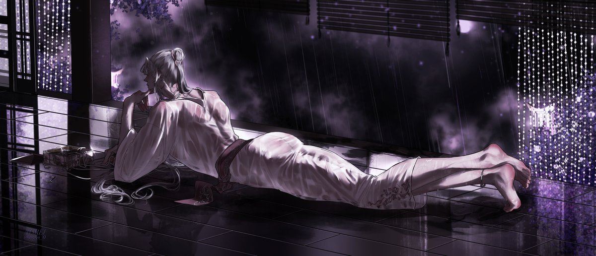 a digital illustration of a young woman with long white hair relaxing on the floor, her kimono is wet and she is looking at something offscreen. the background is a dark, rainy night. there is a window in the background with white lights hanging in front of it.