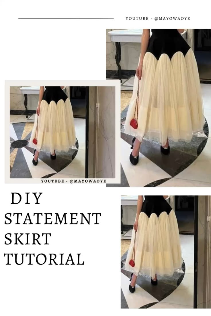 the image showcases a collage promoting a diy tutorial for creating a statement skirt. there are three images of the same skirt worn by a woman, along with the text "diy statement skirt tutorial" and the youtube handle "@mayowaoye". the skirt is a maxi style, featuring a black waistband with a scalloped edge, transitioning into a voluminous tulle skirt with a cream or beige undertone. the woman is also wearing a small red bag and black shoes. the collage layout suggests the tutorial is available on youtube and is related to fashion and sewing projects.