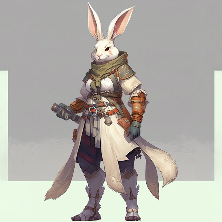 an anthropomorphic white rabbit with long ears stands in full attire, wearing a scarf, armor, tunic, boots, and gloves. it is equipped with a sword and dressed in fantasystyle clothing.