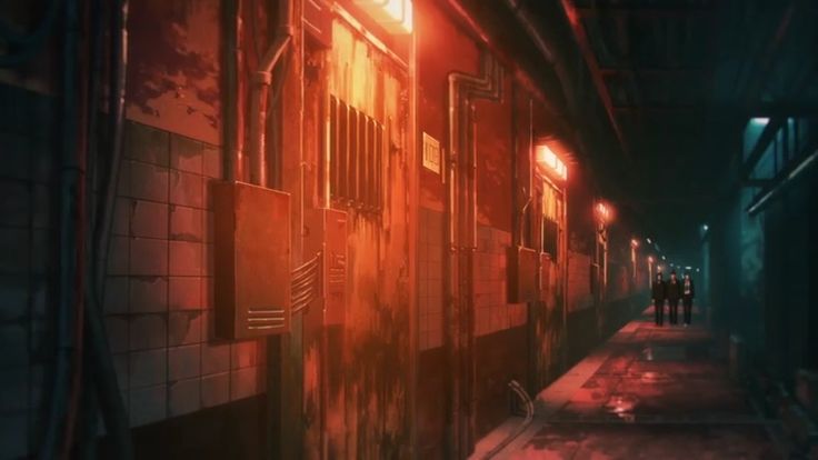 a dimly lit, industrialstyle corridor with red lighting illuminating the tiled walls and metal pipes. three figures are walking in the distance, their forms shrouded in shadow, adding to the mysterious atmosphere of the scene. the overall impression is one of unease and suspense, reminiscent of an anime or manga setting.