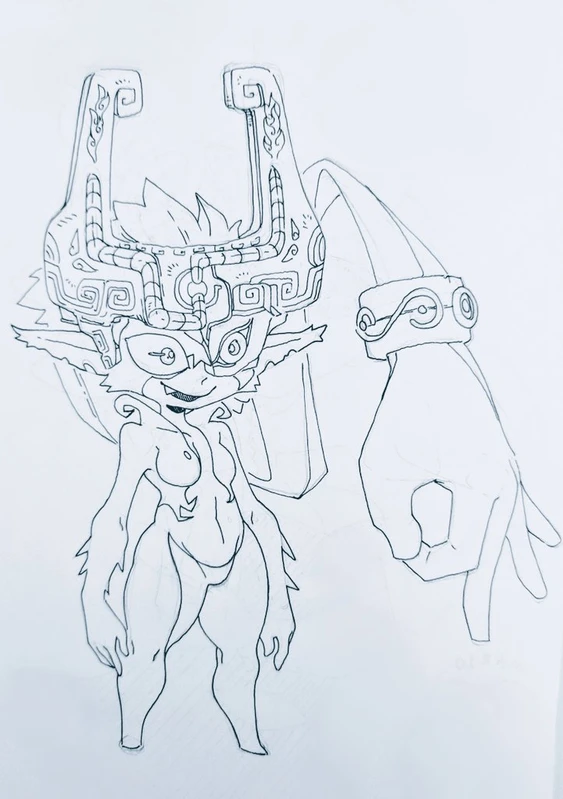 a line art drawing of midna from the legend of zelda: twilight princess. she has her signature helmet on and her right hand is extended and appears to be making the "ok" hand gesture.