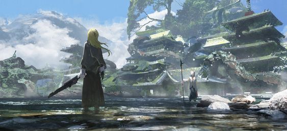 two individuals stand amidst a tranquil scene where nature reclaims an ancient civilization. a majestic tree, its roots entwined with timeworn structures, dominates the background.  a serene river reflects the remnants of a bygone era. the characters, adorned in flowing garments and armed, hint at a narrative waiting to be unraveled.  the harmonious blend of architecture and nature evokes a sense of both wonder and melancholy.