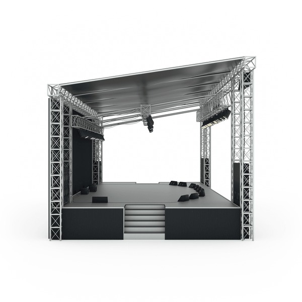 the image shows a professionallooking stage setup with a gray and black color scheme. the stage features a raised platform, steps leading up to it, and a overhead structure supported by metal trusses. there are stage lights hanging from the trusses, and speakers are positioned on the stage. the setup appears to be for a concert or event.