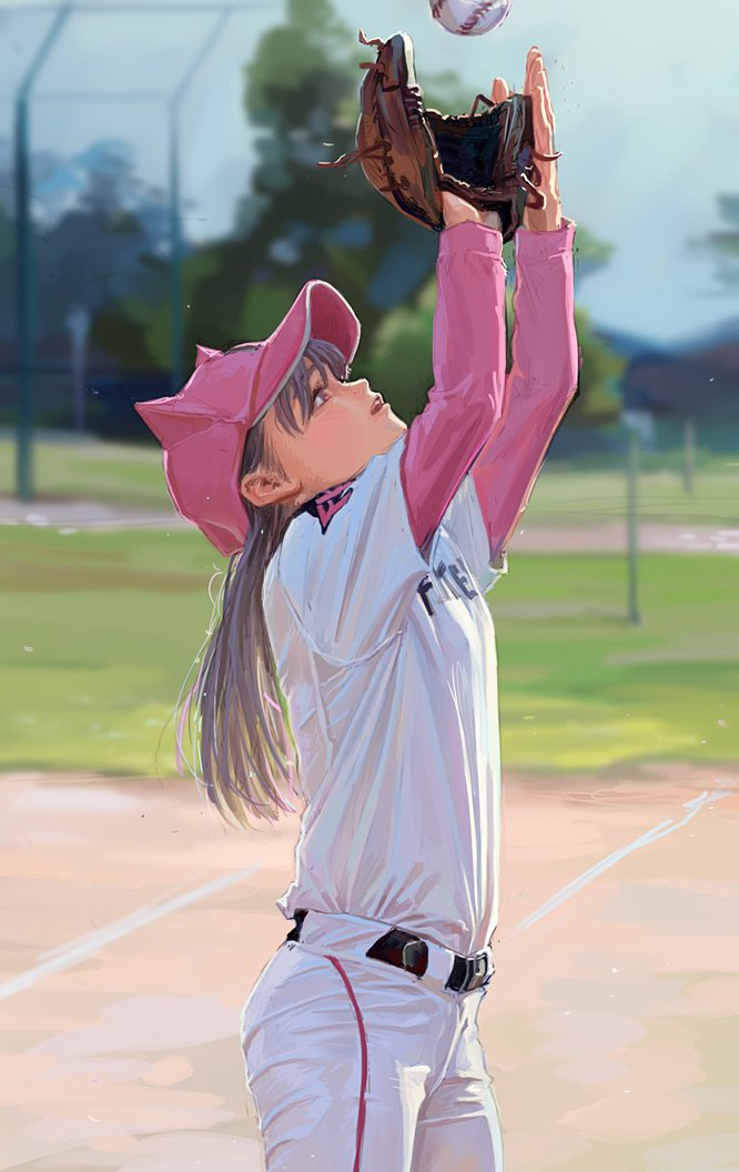 an animestyle illustration of a young woman in a baseball uniform, wearing a pink baseball cap, catching a baseball with a baseball glove on a baseball field.