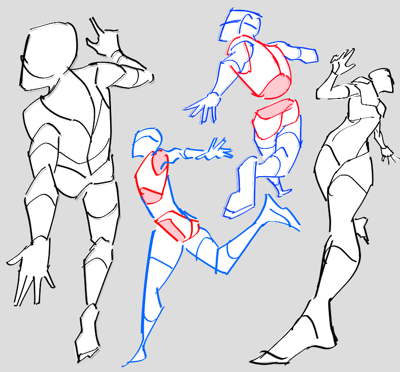 the image contains four different figure drawings, each showcasing a unique pose and style. the figures are sketched in a dynamic manner, emphasizing movement and gesture.  some figures are partially colored with red and blue, potentially indicating anatomical sections or areas of focus. the style is loose and expressive, more focused on capturing the essence of movement than precise detail. the overall tone is casual and expressive, typical of a quick sketch or study in figure drawing.