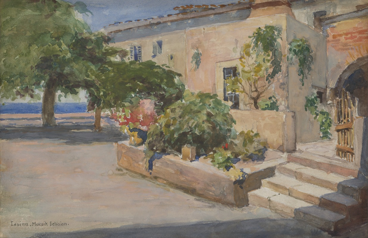 watercolor painting by lesina moczlk felician depicting a building with trees, plants, flowers, a planter, steps, a gate, and an archway near the seaside. the color palette includes shades of blue, green, brown, and beige, with shadows cast on the ground and buildings.