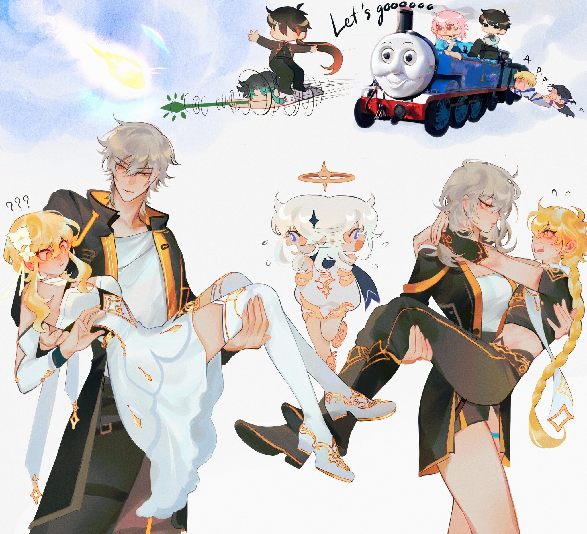 he image is a digital fanart featuring several animestyle characters in different scenes. the main focus is on two couples. in the first, a man with gray hair in a black jacket is carrying a blonde woman in a white dress. in the second, a woman with gray hair in a black jacket is carrying a blonde woman in a dark outfit.  in the background, there are chibistyle characters, including what appears to be thomas the tank engine and some figures flying on what seems to be a magic carpet or broomstick. the overall style is whimsical and romantic, with a blend of serious and playful elements.