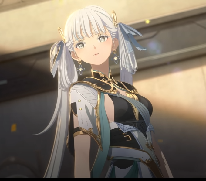 the image features a young woman with long white hair and blue eyes, depicted in an anime style. she is wearing an elaborate, futuristiclooking outfit with gold, white, and blue accents.  she stands in what appears to be a metallic corridor with soft, warm lighting emanating from behind her, creating a slight backlight effect. her expression is serene and she looks directly at the viewer.