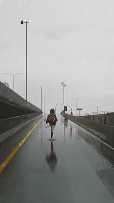 a lone female figure with a quiver on her back and bow in hand walks away from the viewer down the middle of a rainslicked highway overpass. the sky is overcast and gray, reflecting in the puddles on the road.  the overall atmosphere is one of solitude and quiet determination.