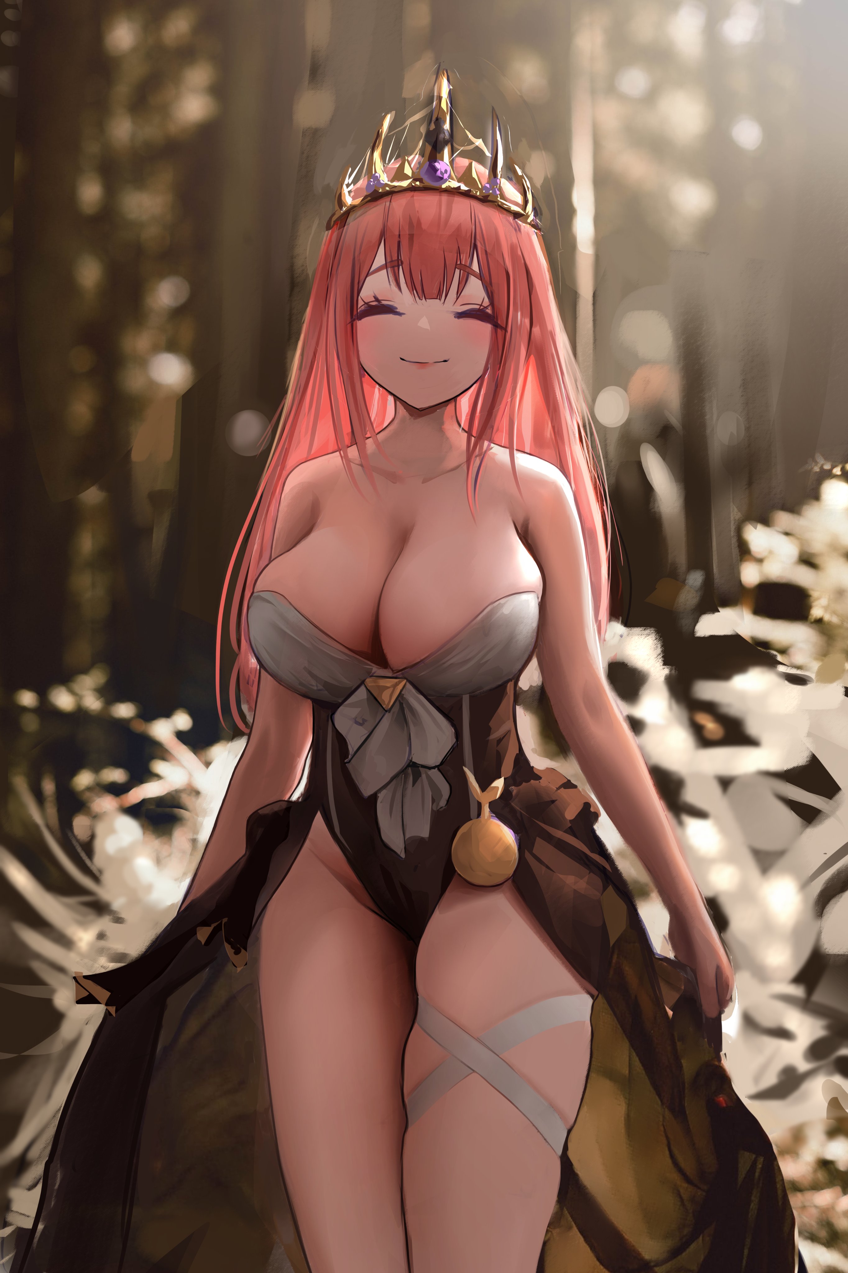the image is a digital painting or illustration of an animestyle princess. she has long pink hair, is wearing a crown, and a revealing corsetlike dress with a flowing skirt.  she is smiling contentedly and appears to be walking through a forest. the art style is detailed and focuses on her beauty and the fantasy elements of her attire and setting. the overall tone is alluring and magical.