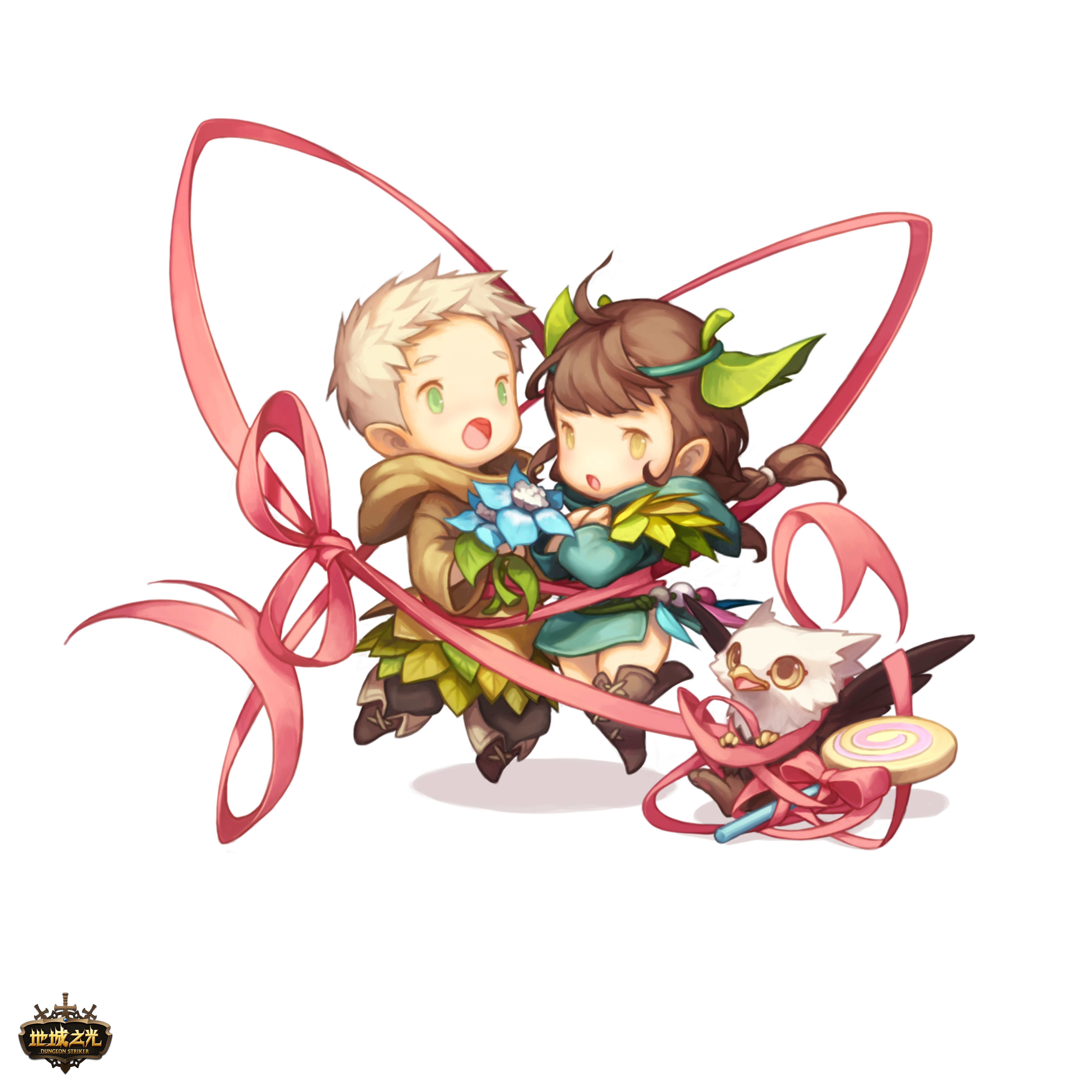 this is a digital illustration of a cute couple,  a boy and a girl, with a bird. they are both smiling, holding a flower and a lollipop. they are surrounded by a ribbon. this artwork is a digital drawing and can be classified as anime, cartoon, and fantasy.