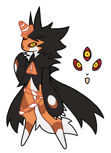 a cartoon creature with an orange and white striped body and a black and white striped tail. it has a black mane and a large black and white striped horn on its head. the creature is standing on its hind legs and smiling. it has a black triangular patch on its chest with an exclamation point. it is standing in front of a small black and white image of three eyes. the image is stylized and appears to be handdrawn.