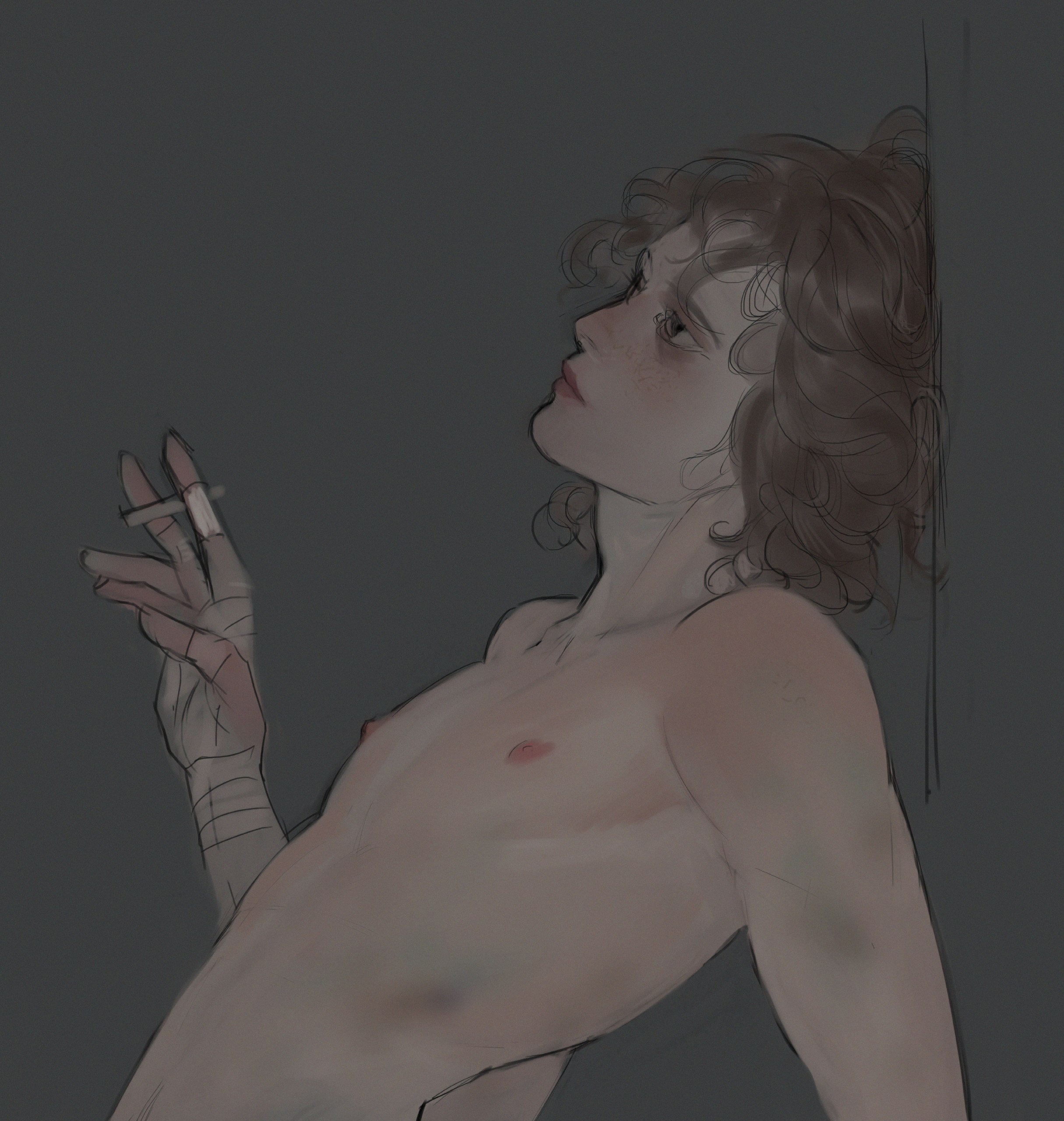 the image depicts a young, shirtless man with curly hair leaning against a wall. he is smoking a cigarette and gazing upwards, seemingly lost in thought. the lighting is dim, casting soft shadows across his body and emphasizing a sense of quiet contemplation or perhaps melancholy. he has bandages wrapped around his hand and upper arm, hinting at a possible backstory. the overall atmosphere is one of solitude and introspection.