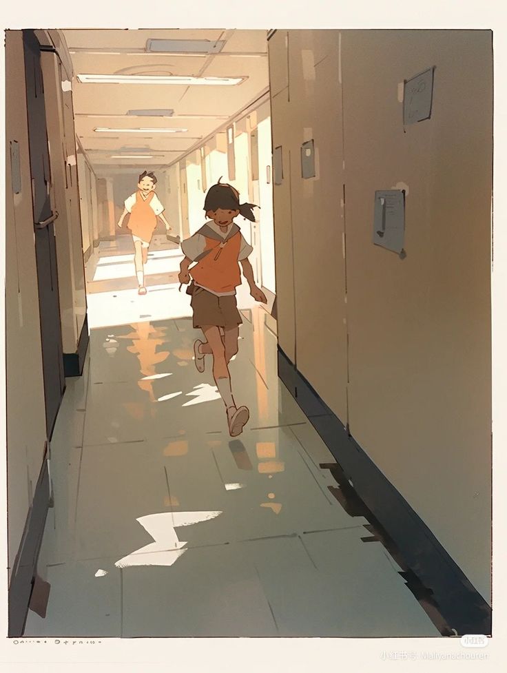 the image shows two girls running down a school hallway. the girl in the front is wearing a red shirt and blue pants, while the girl behind her is wearing an orange shirt and white pants. the hallway is lined with lockers on one side, and a wall on the other. there is a door at the end of the hallway. the image is lit from the right, casting shadows on the girls and the hallway. the style of the image is reminiscent of anime or manga.