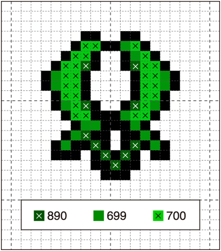 a pixelated abstract green shape with a black outline is shown on a white grid with 890, 699, and 700 green color codes underneath the grid.