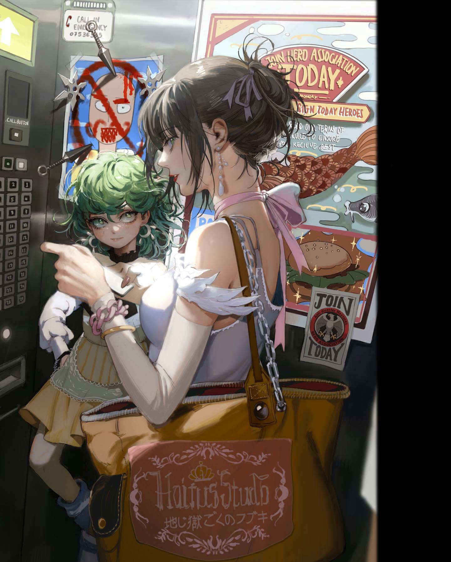 two anime girls, one wearing a white dress and carrying a bag, stand in front of a phone booth. they are in the middle of a city street, with posters and signs in the background. one of the girls has green hair and is holding a small, white phone. the other girl has black hair and is looking at the phone booth.