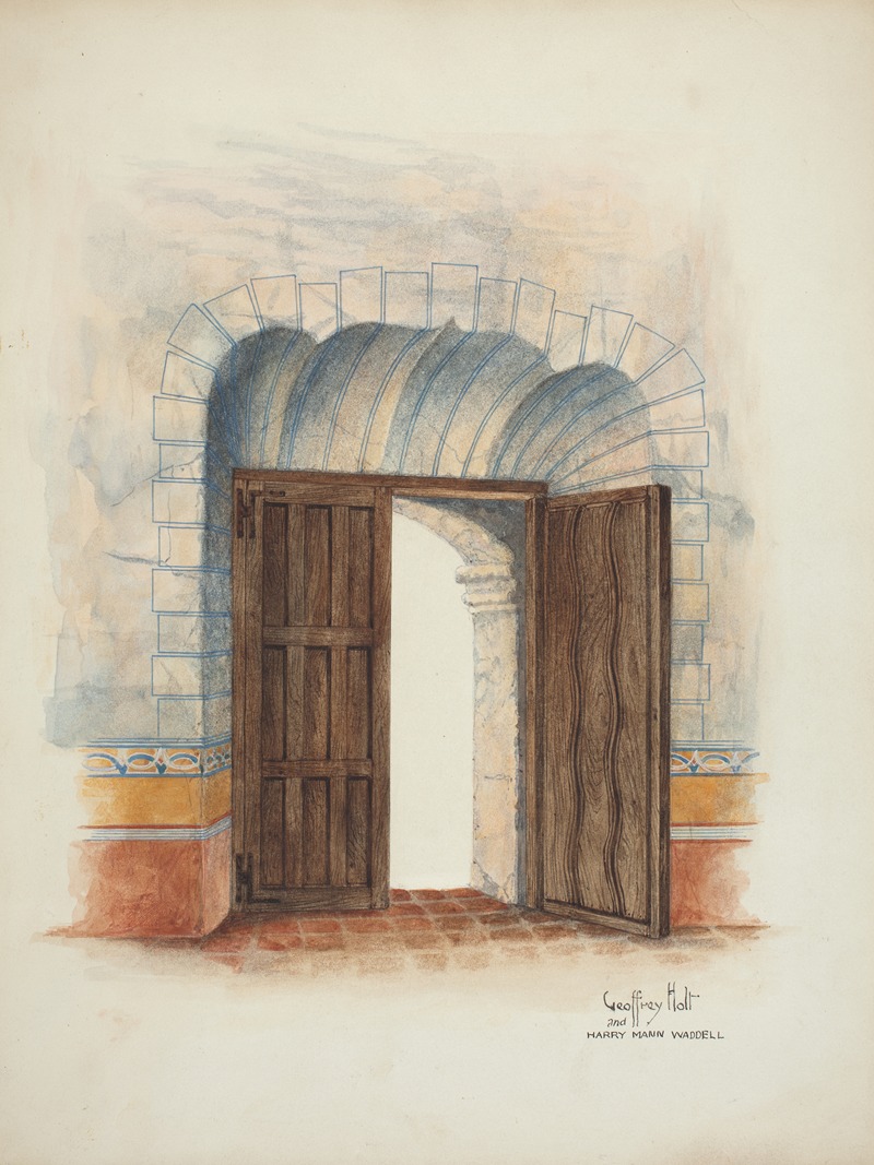 watercolor painting of a building entrance with two wooden doors slightly opened. the entrance is framed by an arched brick wall with some blue accent tiles. the doors are brown and have vertical panels. the floor is brick. the names "geoffrey holt" and "harry mann waddell" are signed at the bottom right.