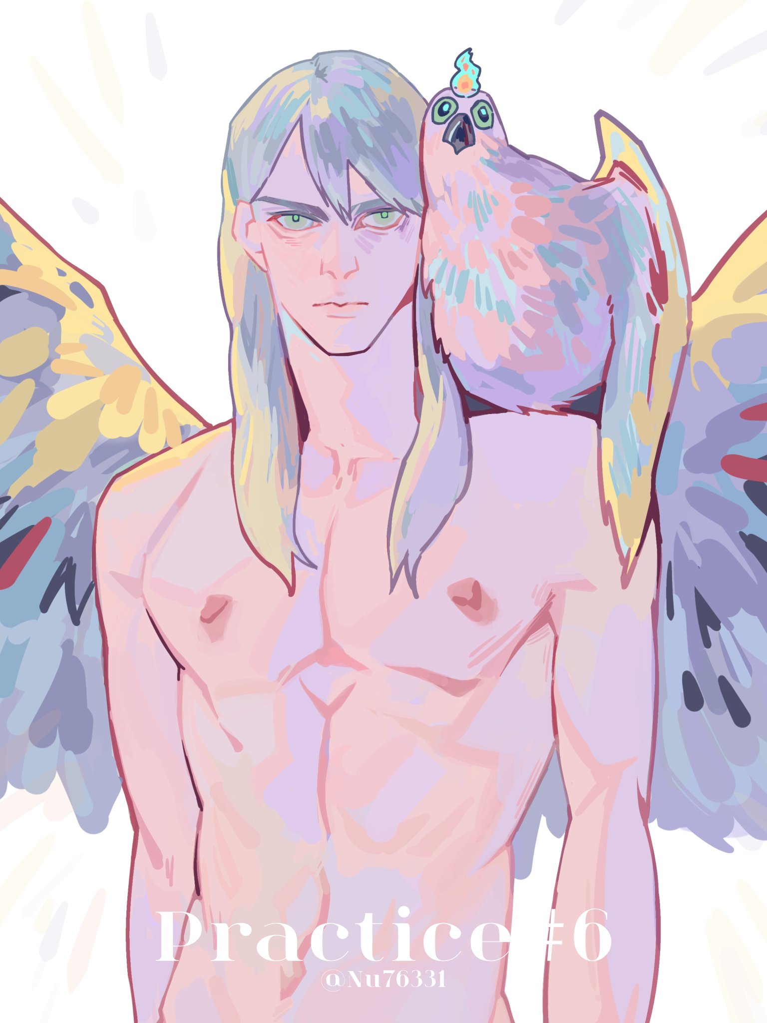 a digital illustration of a male angel with a bird perched on his shoulder. the angel has long, white hair and is depicted with no clothes on. the wings are colorful and appear to be part of the angel's body. the bird is also colorful, with a large crown on its head. the background is white. the text "practice #6" is written in a script font near the bottom of the image, along with a signature "nu76331".