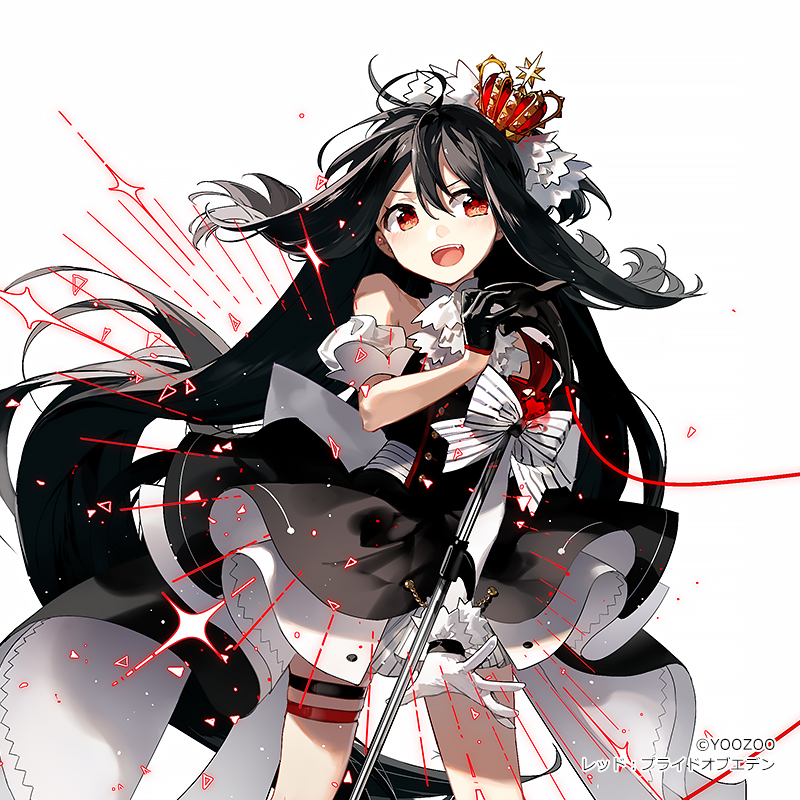 an animestyle fullbody image of a girl with black hair, red eyes, and wearing a black and white dress with frills and ribbons. she has a red and gold crown on her head and is holding a sword. she is smiling and surrounded by red lines and geometric shapes, all on a white background. the image also includes the artist's signature or logo "© yoozoo".