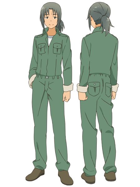 this image is a fullbody character design illustration of an anime male character. the character has short green hair with a ponytail. they are wearing a green jumpsuit with brown shoes. the character is shown in both front and back views.