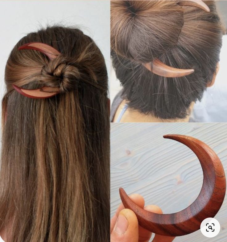 a photo collage showing a crescent moon shaped wooden hair clip being used in a woman's brown hair. the woman's hair is pulled up into a bun. the collage shows the clip in use and also shows the clip held in a hand.