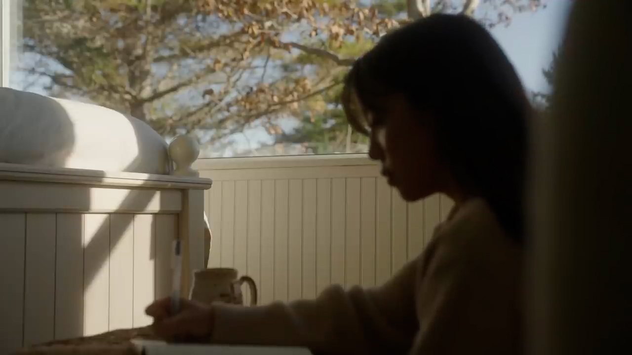 a young woman is sitting at a table in a sundrenched bedroom, writing in a notebook.  the warm light streams through the window, illuminating her and the table, creating a cozy and peaceful atmosphere.  the focus is on her profile as she concentrates on her writing.
