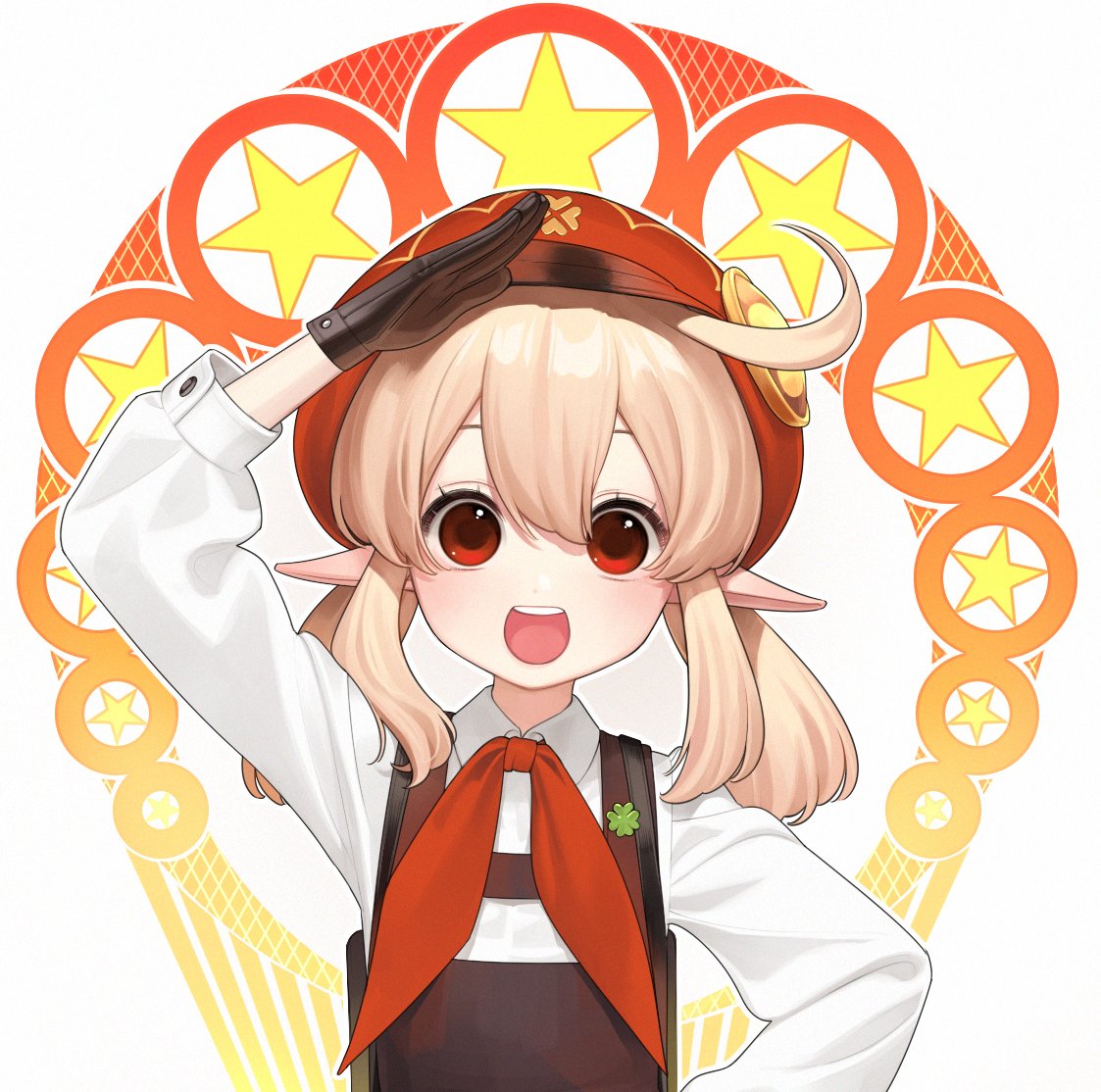 the image showcases an animestyle illustration of a young girl, likely an elf, depicted in a cheerful and spirited manner. she is dressed in an outfit primarily composed of red, white, and brown hues, featuring a distinctive red hat adorned with a fourleaf clover. the background is minimalist, dominated by a circular pattern of stars in shades of yellow and orange, effectively highlighting the character as the focal point. her vibrant red eyes and enthusiastic expression, accentuated by a salute gesture, contribute to the overall lively and endearing aesthetic of the artwork.