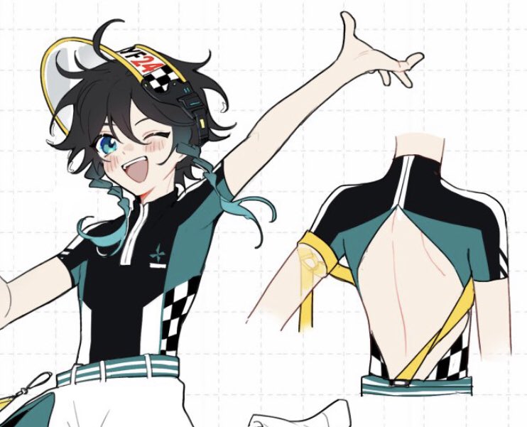 this image features an anime character, drawn in a cartoon style. the character is wearing a racing suit with a checkered pattern, green and yellow accents, and a matching helmet. the character is shown from both the front and the back, highlighting the details of the racing suit.  the background is a white grid, suggesting that this is a digital drawing or design.  the overall style is energetic and colorful, with a focus on the character's sporty attire.