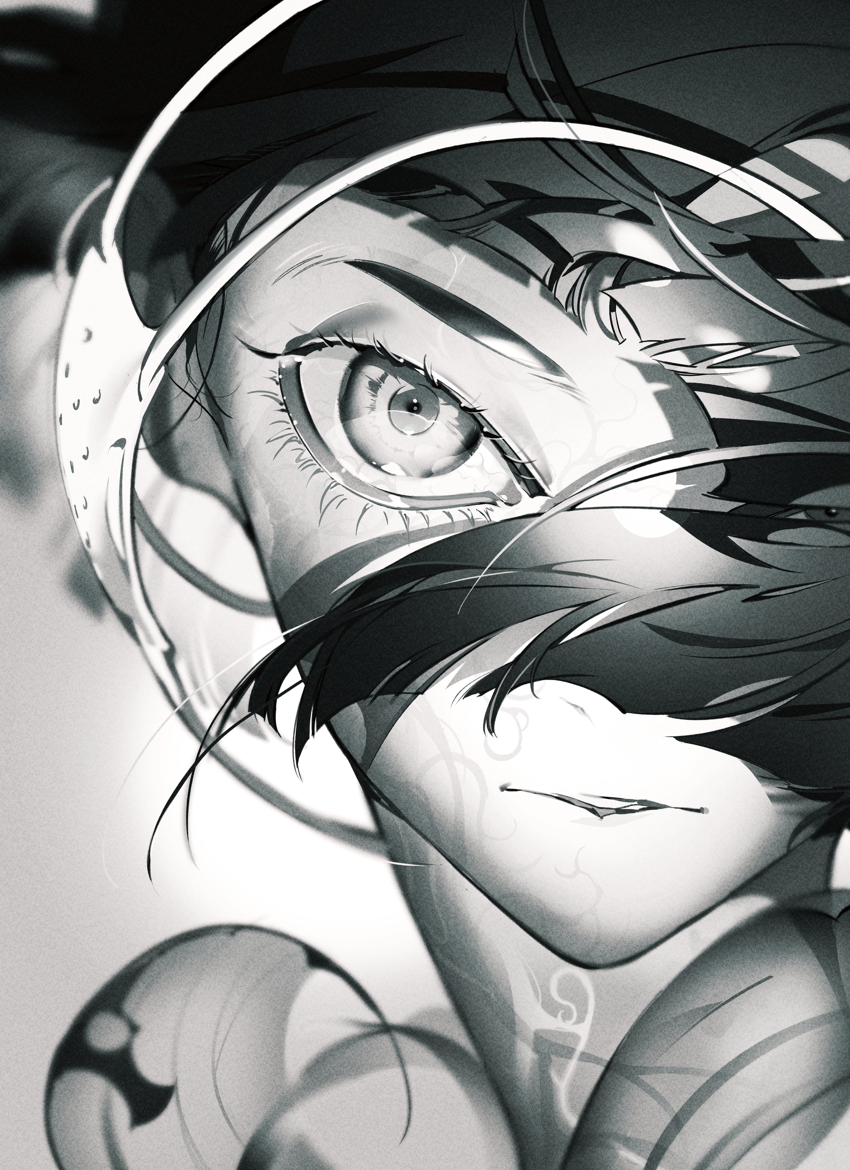 the image is a striking, black and white illustration of a female anime character's face in dynamic, closeup perspective. the dramatic lighting emphasizes her determined expression, drawing particular attention to her piercing gaze. her short, windswept hair frames her face, revealing a headband and intricate tattoo designs on her neck and shoulder. the overall style is edgy and stylized, characteristic of contemporary anime aesthetics.