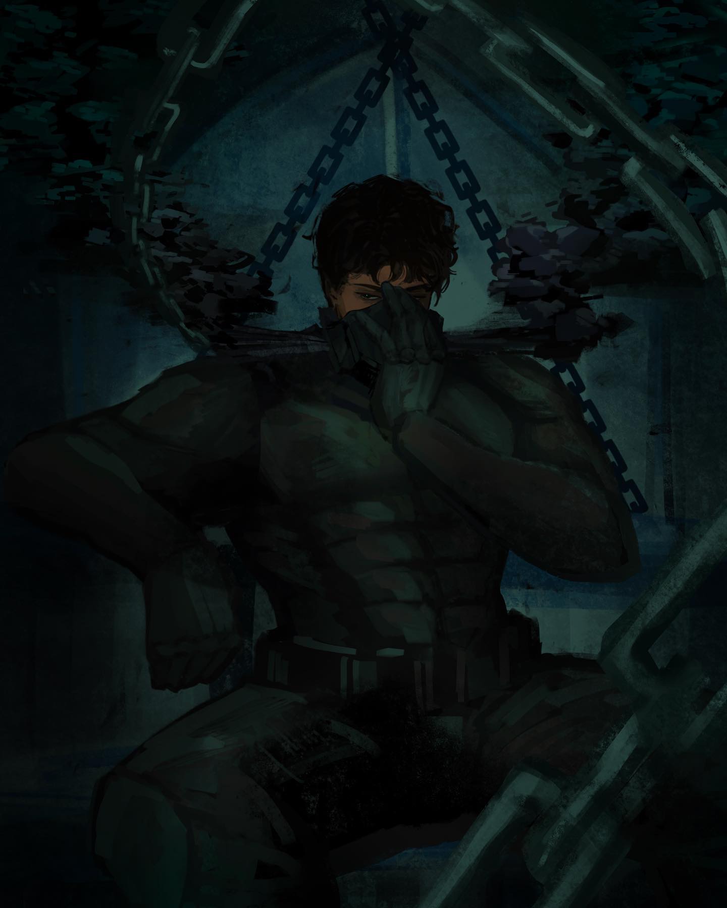 a dark, shadowy figure sits, his head bowed,  with his hand covering part of his face. he is wearing a camouflage outfit and is shrouded in darkness, with only the outline of his body visible. behind him, a large chain stretches across the scene, adding to the  sense of mystery and foreboding. the image is highly stylized and gives the impression of a dark and brooding artwork.