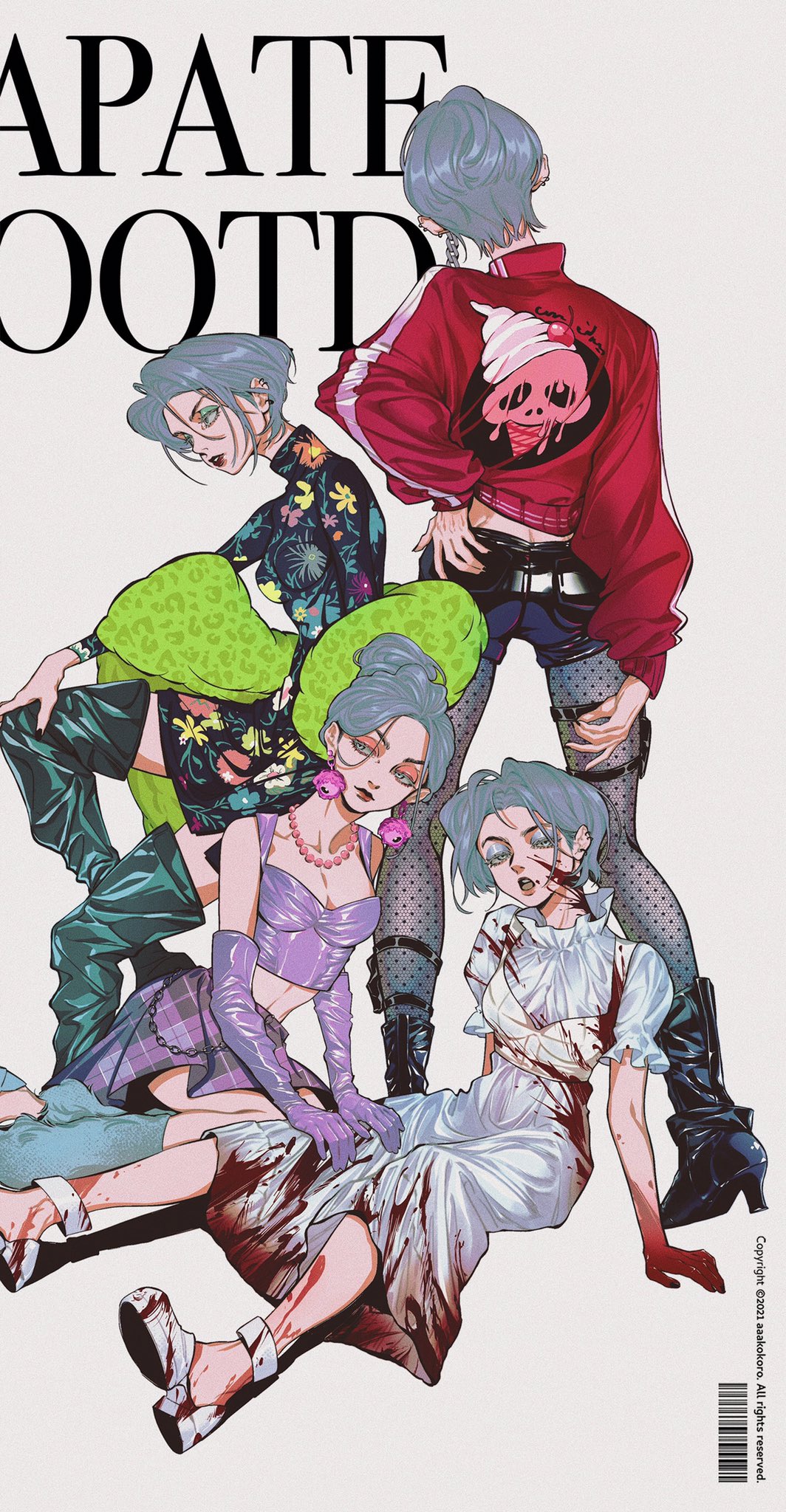 the illustration showcases four iterations of the same woman, each with a distinct outfit and level of distress. they're posed against a stark white background, their vibrant attire accented by stark lighting.  the first woman stands confidently at the back, sporting a red jacket with a skull and ice cream cone design. moving down, the women become increasingly disheveled, culminating in the final figure lying bloodied on the ground.  this descent into chaos adds a darkly compelling element to the otherwise fashionable portrayal.