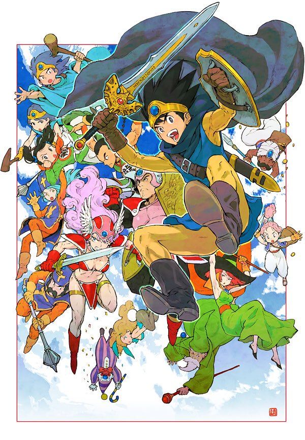a colorful illustration depicts a large group of animestyle characters in a dynamic, actionoriented scene. the central figure, a young hero with a sword and shield, appears to be leaping into battle. surrounding him are various characters, including warriors, mages, and other fantastical figures, all rendered in a vibrant and expressive japanese art style. the background features a sky with clouds, enhancing the sense of adventure and fantasy. the overall composition suggests a scene from an epic quest or battle.