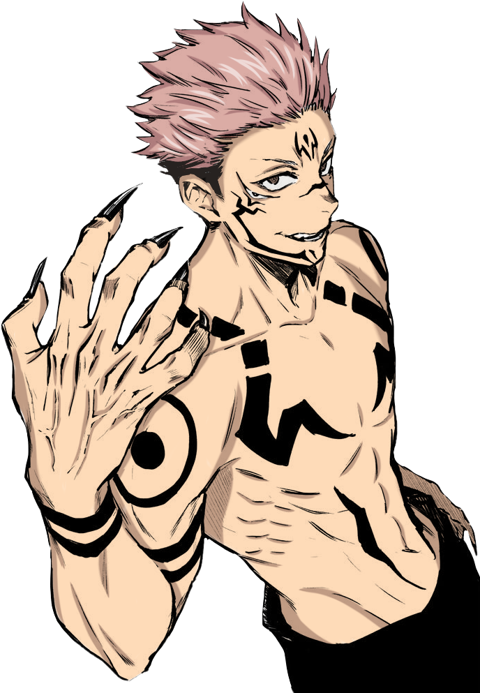 this is a drawing of a shirtless man from the anime jujutsu kaisen with pink hair and scars all over his body. he has long black nails, fangs, and tattoos on his upper body. he is looking at the viewer with a menacing grin.