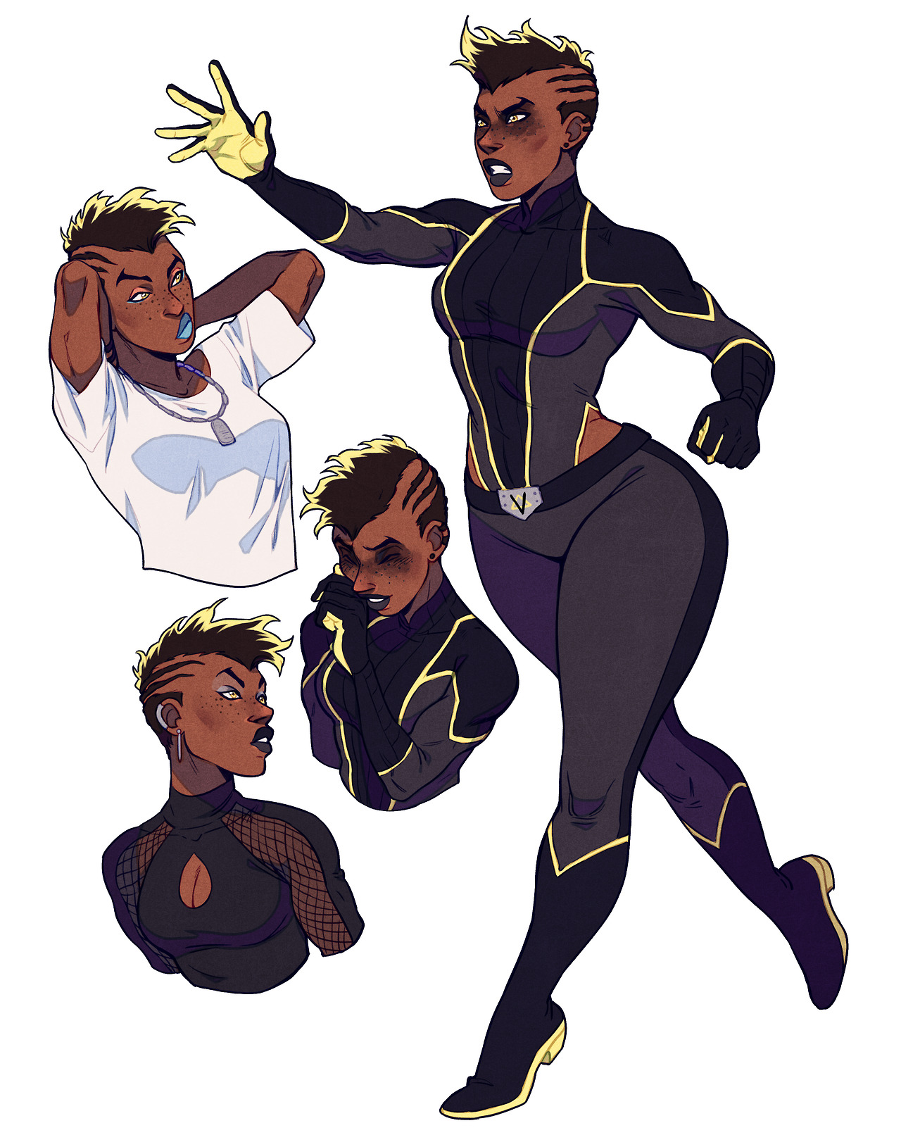 a digital illustration featuring a female superhero character design in various poses and outfits. the primary image showcases the character in a dynamic action pose, wearing a black and yellow superhero costume. smaller illustrations depict her casual attire and alternate expressions. the art style is reminiscent of comic books, with bold linework and vibrant colors.