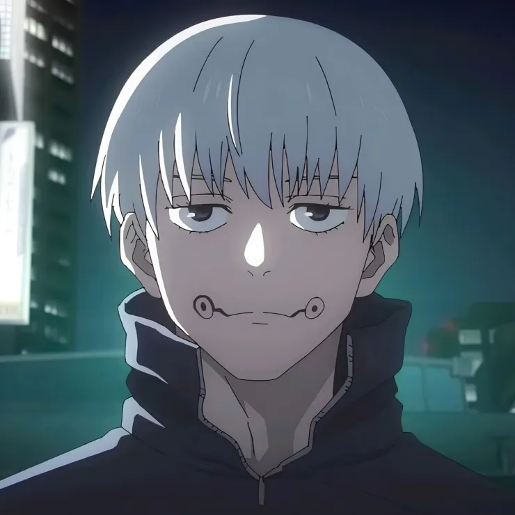 the image is a portrait of a young man with short, white hair and piercings on his cheeks. he has an indifferent expression on his face. the setting appears to be an urban environment at night, with buildings and city lights in the background. the lighting is dim and primarily artificial. the perspective is at eyelevel, presenting a medium shot of the subject.