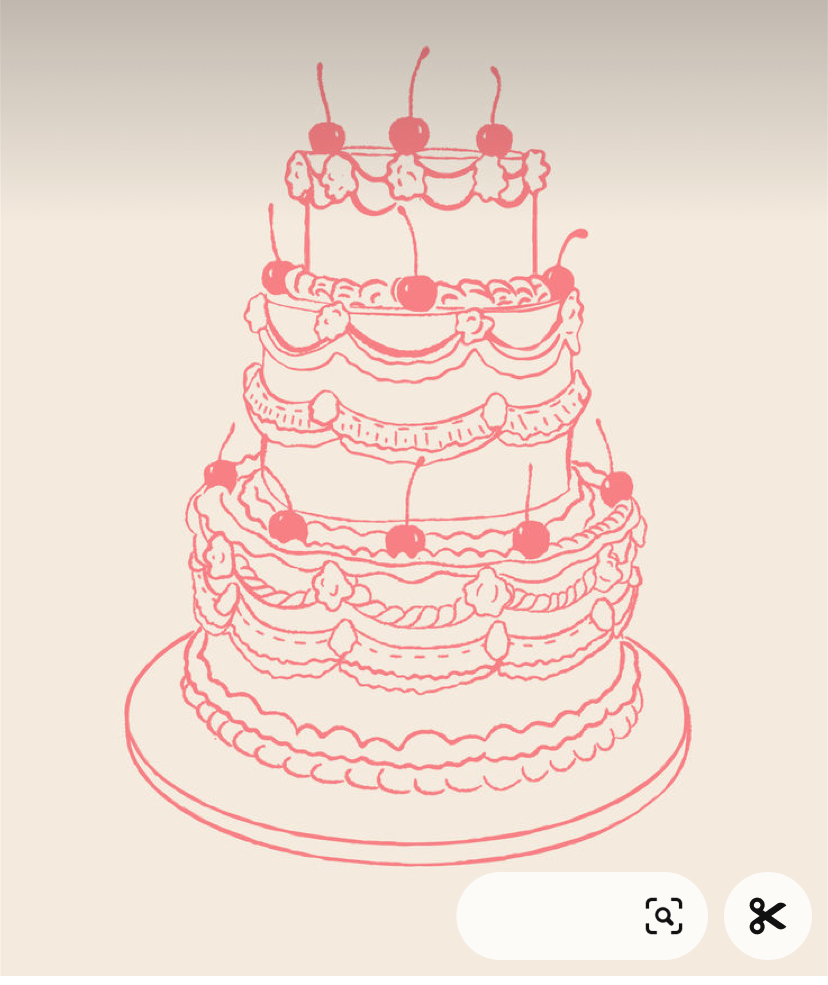 a handdrawn illustration of a wedding cake with three tiers and cherries on top. the cake is drawn in a pink color on a white background, creating a delicate and sweet feel. the cake is decorated with frosting, making it look delicious and celebratory.
