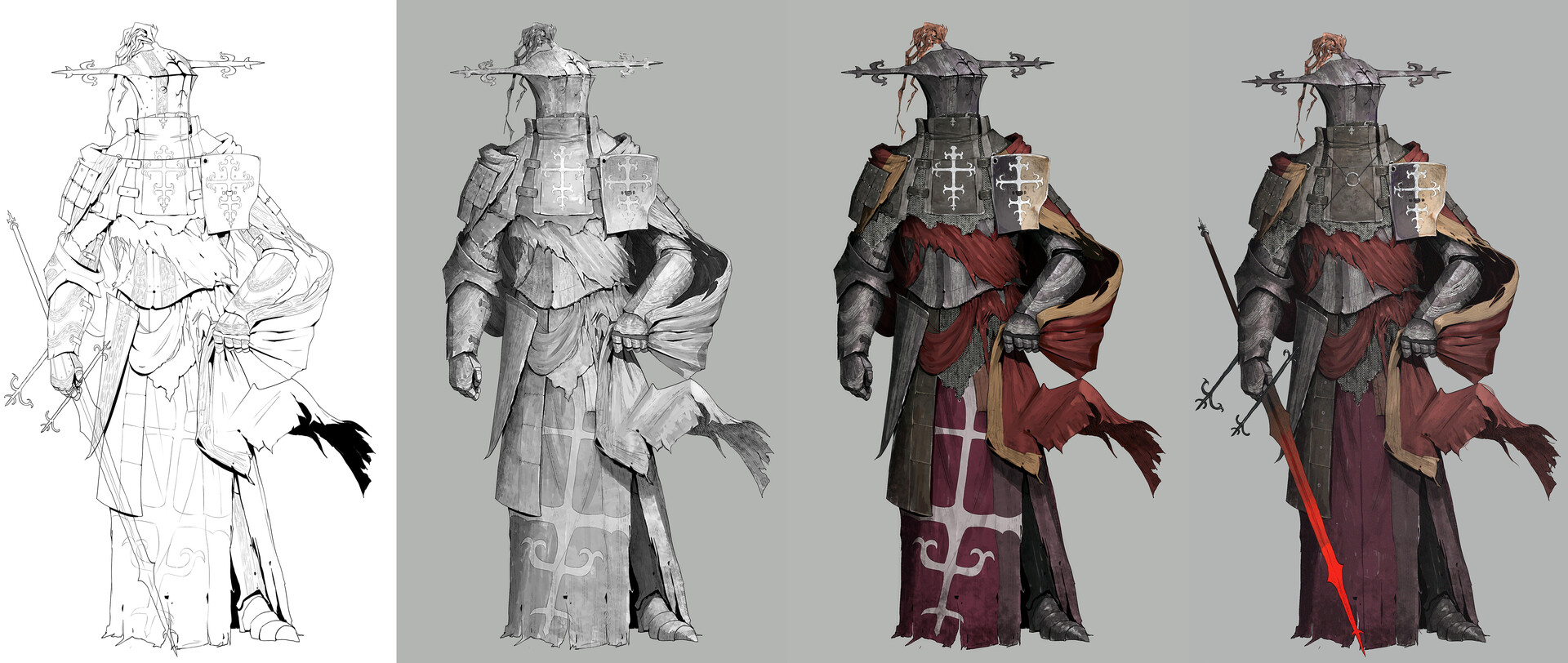 this image shows four stages of the creation of a digital painting of a knight.  the stages are: line art, grayscale, flat colors, and final. the knight is wearing ornate plate armor and a red tabard with a white cross. he is armed with a sword and his helmet is adorned with a ring of spikes.