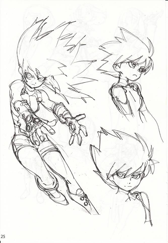 a black and white sketch of three anime characters. the character on the left is a female with spiky hair, wearing a shortsleeved top and shorts. her arms are covered in mechanical gauntlets. she is striking a pose with her right hand extended forward. the character in the middle is a male character with spiky hair wearing a sleeveless shirt. his head is turned to the side and he appears to be looking towards the viewer. the character on the right is a male character with spiky hair wearing a shirt. his head is tilted down as if looking to the left. the artwork appears to be a draft, with some of the lines being lighter than others.