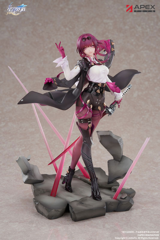 a studio shot of a kafka honkai star rail figurine by apex toys standing on a rocky platform and holding a sword. the figurine is a woman with pink hair and is wearing a black and white outfit with pink accents. she is surrounded by pink energy beams.