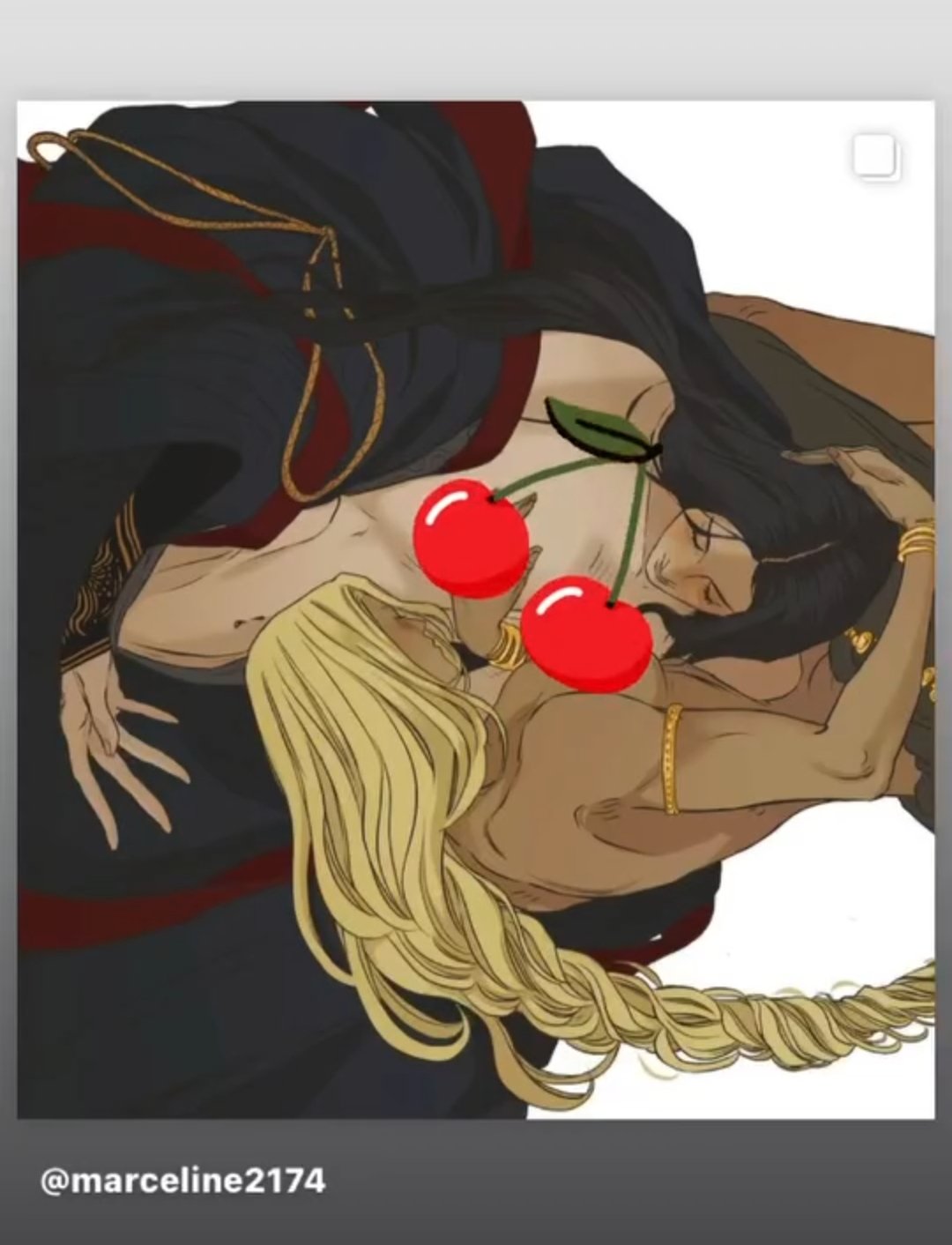 the image is a drawing of two figures embracing. one figure has long, dark hair and is wearing a dark robe with gold trim. the other figure has long, blonde braided hair and fair skin. both figures are wearing gold bracelets. the image is censored with red cherries covering the chest area.
